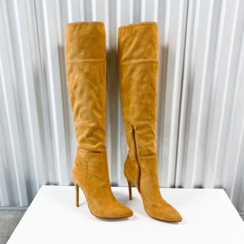 FSJ Women Chic Faux Suede Knee High Long Boots Pointed Toe Side Zipper High Heel
